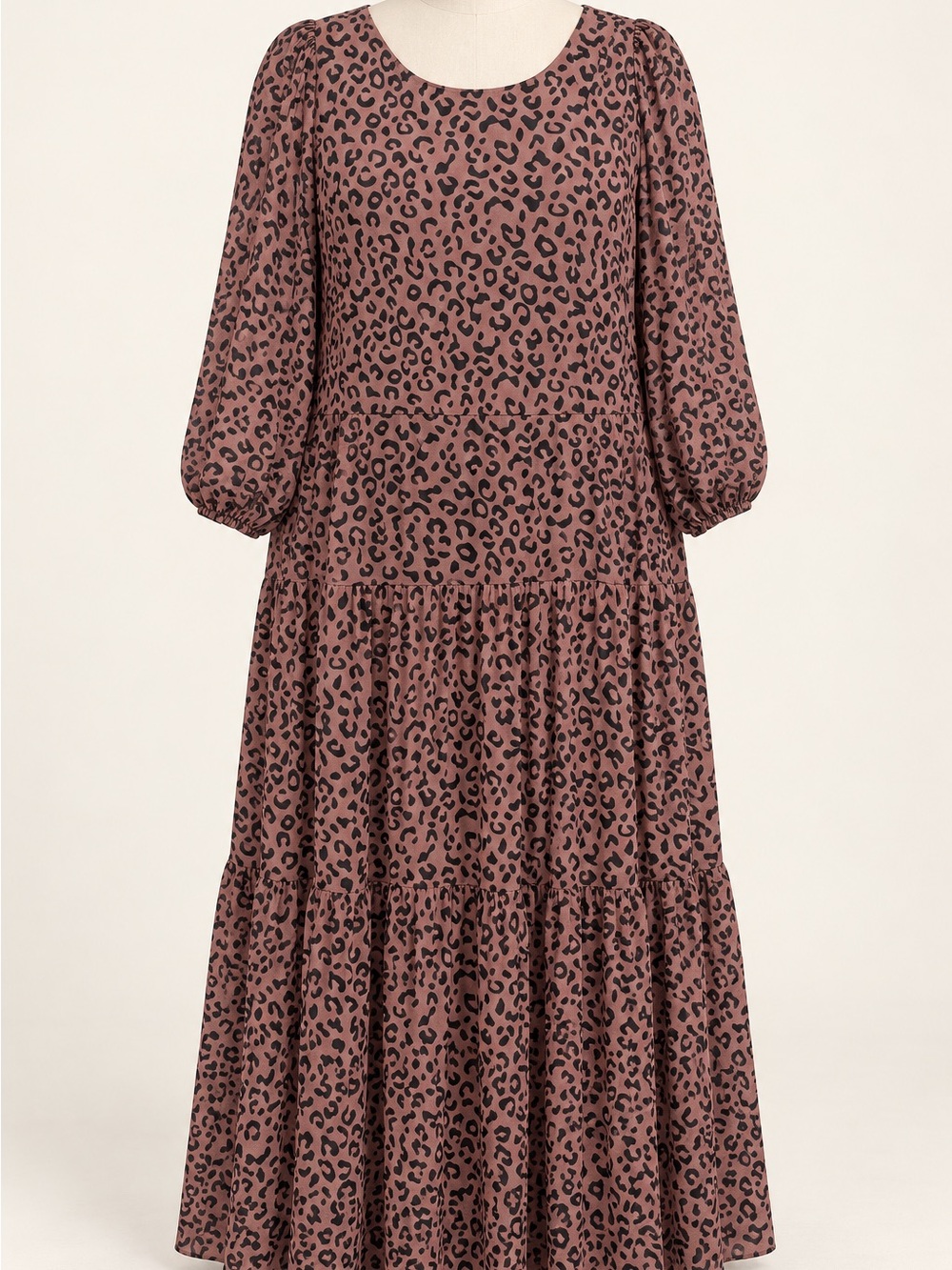 Studio One Brown and Black Leopard Print Long Sleeve Dress